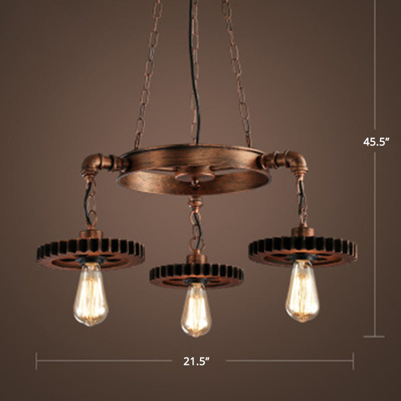 Bronze Finish Chandelier Factory Style Iron Bare Bulb Suspension Light with Gear and Wheel Deco 3 Bronze Clearhalo 'Cast Iron' 'Ceiling Lights' 'Chandeliers' 'Industrial Chandeliers' 'Industrial' 'Metal' 'Middle Century Chandeliers' 'Rustic Chandeliers' 'Tiffany' Lighting' 2388770