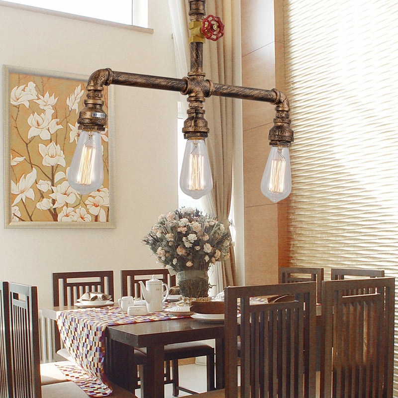 Water Pipe Restaurant Island Lamp Industrial Metal 3-Head Hanging Light with Red Valve Decor Bronze Clearhalo 'Ceiling Lights' 'Island Lights' Lighting' 2388772