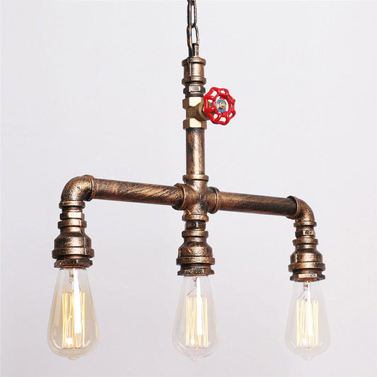 Water Pipe Restaurant Island Lamp Industrial Metal 3-Head Hanging Light with Red Valve Decor Clearhalo 'Ceiling Lights' 'Island Lights' Lighting' 2388773