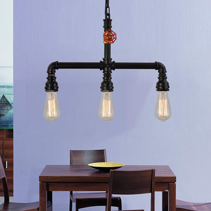 Water Pipe Restaurant Island Lamp Industrial Metal 3-Head Hanging Light with Red Valve Decor Black Clearhalo 'Ceiling Lights' 'Island Lights' Lighting' 2388774