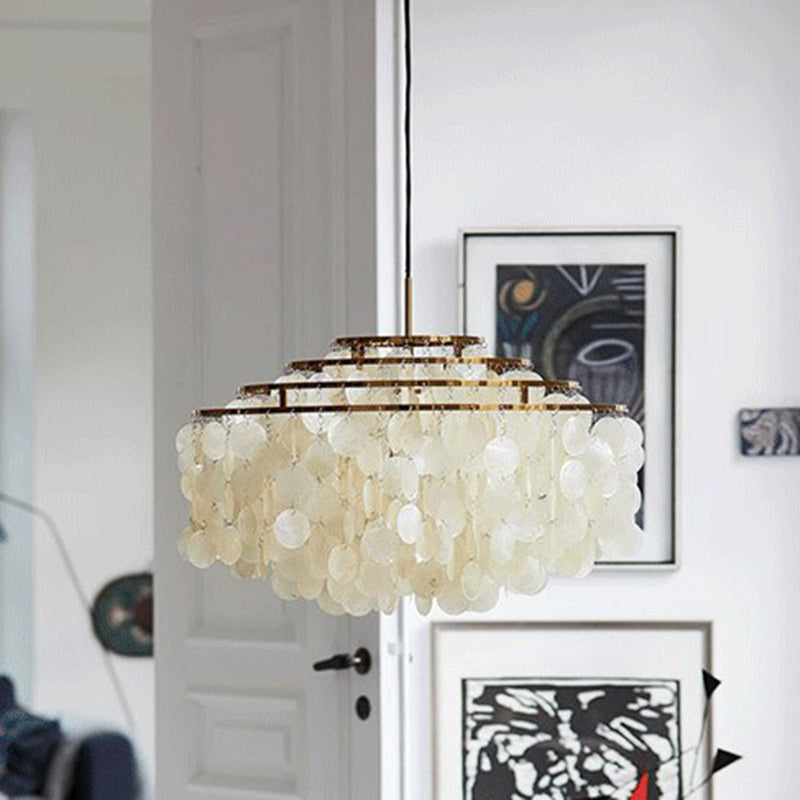 White 4 Layers Chandelier Vintage Shell 6-Light Dining Room Suspended Lighting Fixture Clearhalo 'Ceiling Lights' 'Chandeliers' Lighting' 2388817