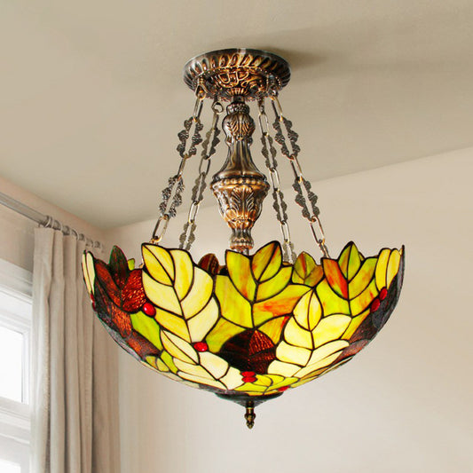Foliage Hand-Crafted Glass Chandelier Baroque 3-Bulb Green Pendant Light Fixture Green Up Clearhalo 'Ceiling Lights' 'Close To Ceiling Lights' 'Industrial' 'Middle Century Pendants' 'Pendant Lights' 'Pendants' 'Tiffany close to ceiling' 'Tiffany Pendants' 'Tiffany' Lighting' 2388821