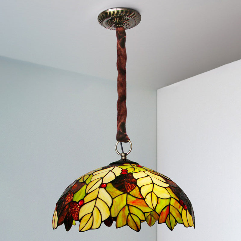 Foliage Hand-Crafted Glass Chandelier Baroque 3-Bulb Green Pendant Light Fixture Green Down Clearhalo 'Ceiling Lights' 'Close To Ceiling Lights' 'Industrial' 'Middle Century Pendants' 'Pendant Lights' 'Pendants' 'Tiffany close to ceiling' 'Tiffany Pendants' 'Tiffany' Lighting' 2388822