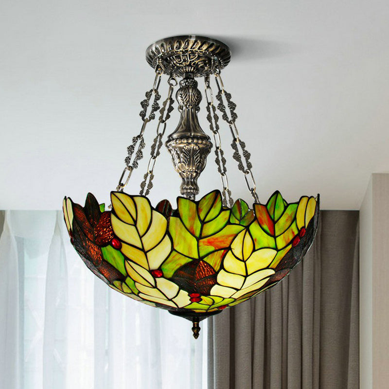 Foliage Hand-Crafted Glass Chandelier Baroque 3-Bulb Green Pendant Light Fixture Clearhalo 'Ceiling Lights' 'Close To Ceiling Lights' 'Industrial' 'Middle Century Pendants' 'Pendant Lights' 'Pendants' 'Tiffany close to ceiling' 'Tiffany Pendants' 'Tiffany' Lighting' 2388824