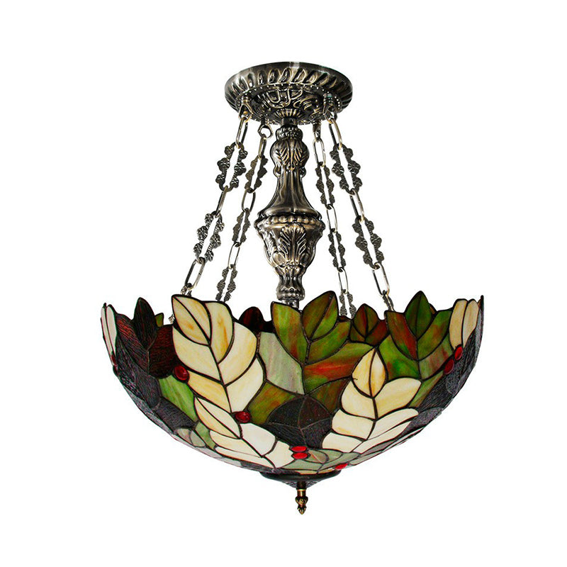 Foliage Hand-Crafted Glass Chandelier Baroque 3-Bulb Green Pendant Light Fixture Clearhalo 'Ceiling Lights' 'Close To Ceiling Lights' 'Industrial' 'Middle Century Pendants' 'Pendant Lights' 'Pendants' 'Tiffany close to ceiling' 'Tiffany Pendants' 'Tiffany' Lighting' 2388826
