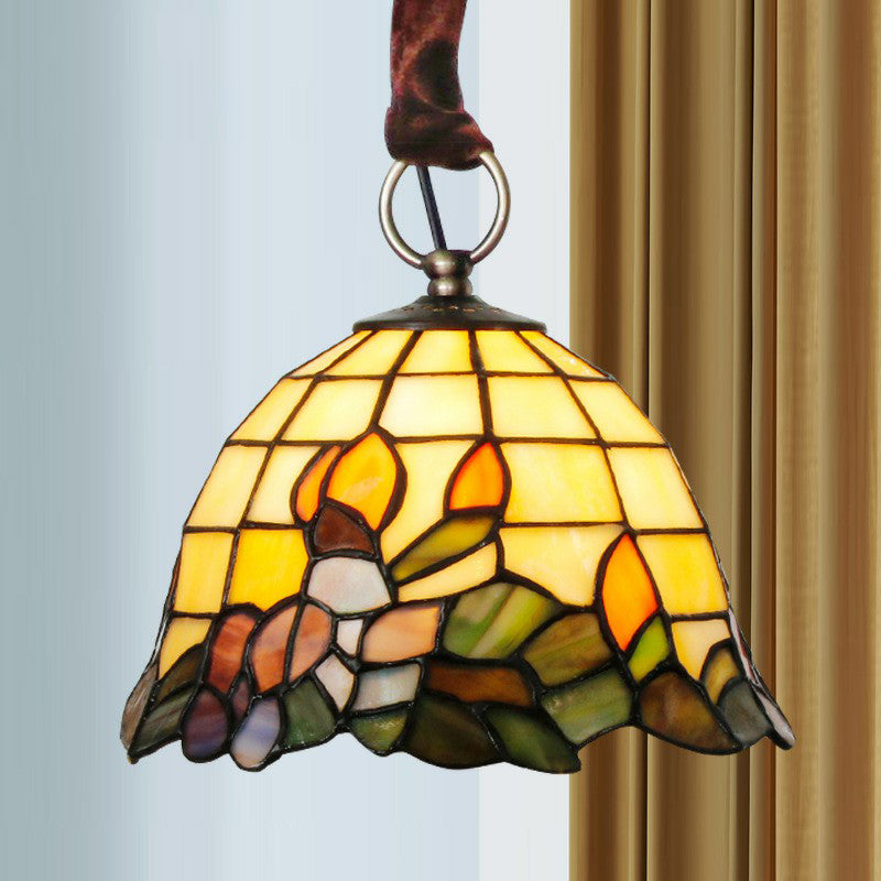 Bell Shaped Hanging Light Fixture Tiffany Stained Glass Single Beige Pendant Lamp with Leaf Pattern Beige Clearhalo 'Ceiling Lights' 'Close To Ceiling Lights' 'Industrial' 'Middle Century Pendants' 'Pendant Lights' 'Pendants' 'Tiffany close to ceiling' 'Tiffany Pendants' 'Tiffany' Lighting' 2388827