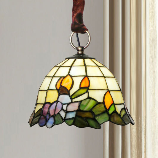 Bell Shaped Hanging Light Fixture Tiffany Stained Glass Single Beige Pendant Lamp with Leaf Pattern Clearhalo 'Ceiling Lights' 'Close To Ceiling Lights' 'Industrial' 'Middle Century Pendants' 'Pendant Lights' 'Pendants' 'Tiffany close to ceiling' 'Tiffany Pendants' 'Tiffany' Lighting' 2388828