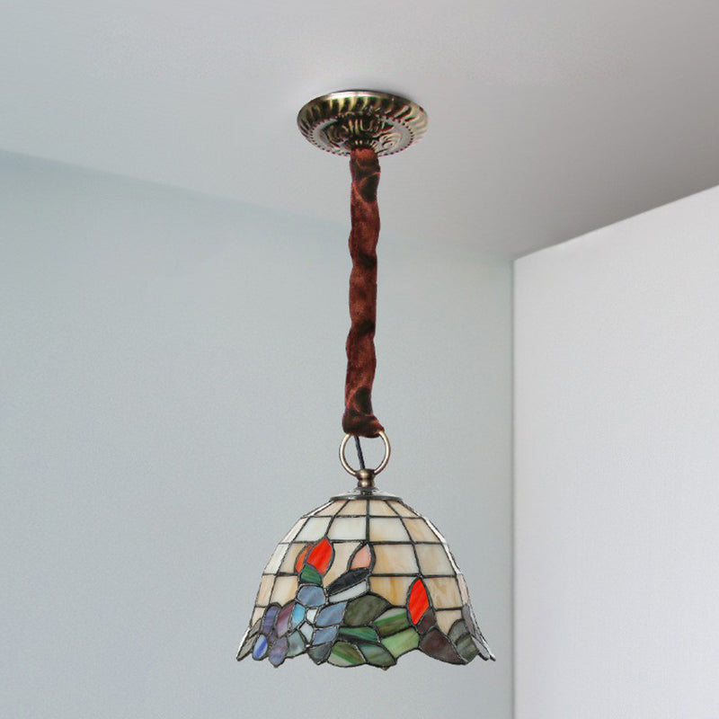 Bell Shaped Hanging Light Fixture Tiffany Stained Glass Single Beige Pendant Lamp with Leaf Pattern Clearhalo 'Ceiling Lights' 'Close To Ceiling Lights' 'Industrial' 'Middle Century Pendants' 'Pendant Lights' 'Pendants' 'Tiffany close to ceiling' 'Tiffany Pendants' 'Tiffany' Lighting' 2388829