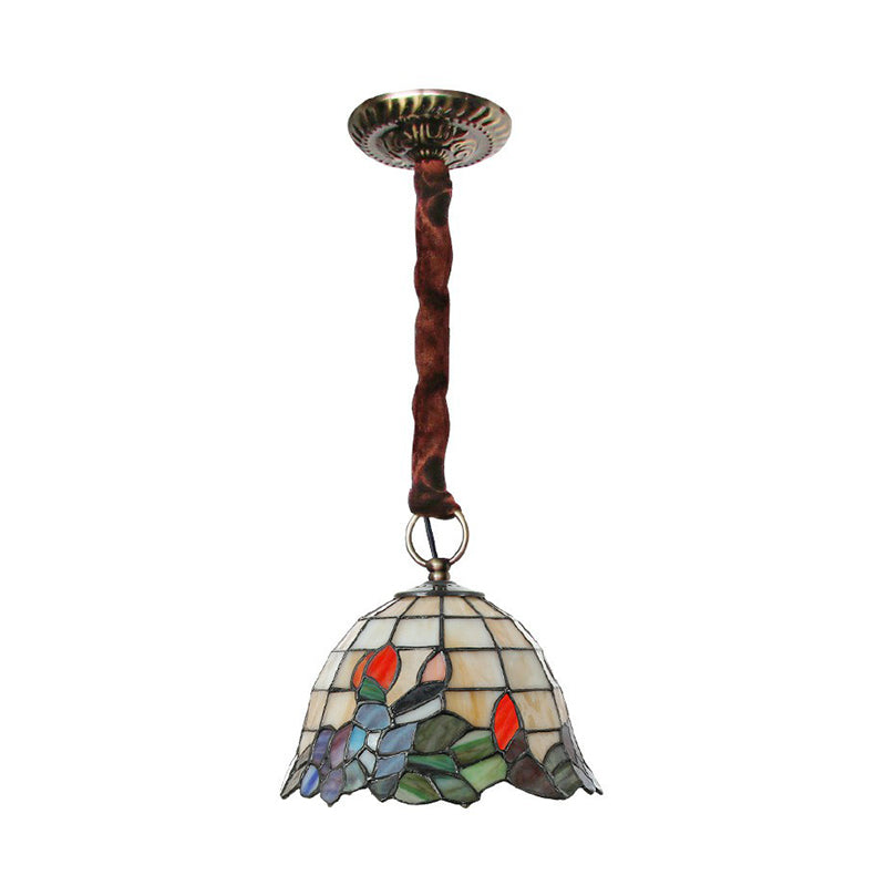 Bell Shaped Hanging Light Fixture Tiffany Stained Glass Single Beige Pendant Lamp with Leaf Pattern Clearhalo 'Ceiling Lights' 'Close To Ceiling Lights' 'Industrial' 'Middle Century Pendants' 'Pendant Lights' 'Pendants' 'Tiffany close to ceiling' 'Tiffany Pendants' 'Tiffany' Lighting' 2388830
