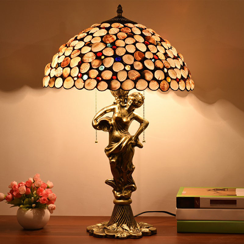 Hemispherical Table Light Tiffany Handcrafted Shell Brass Finish Nightstand Lamp Brass 16" Mermaid Clearhalo 'Lamps' 'Table Lamps' Lighting' 2388834