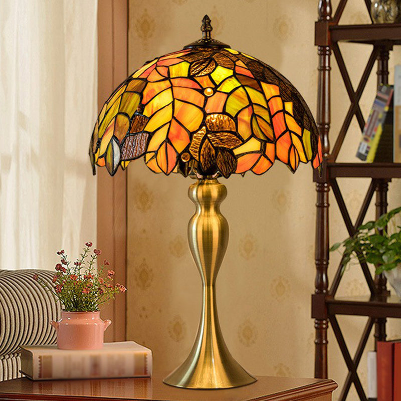 Grape Leaf Patterned Night Light 1-Bulb Tiffany Glass Traditional Table Lamp for Bedroom Brass Mermaid Clearhalo 'Lamps' 'Table Lamps' Lighting' 2388843