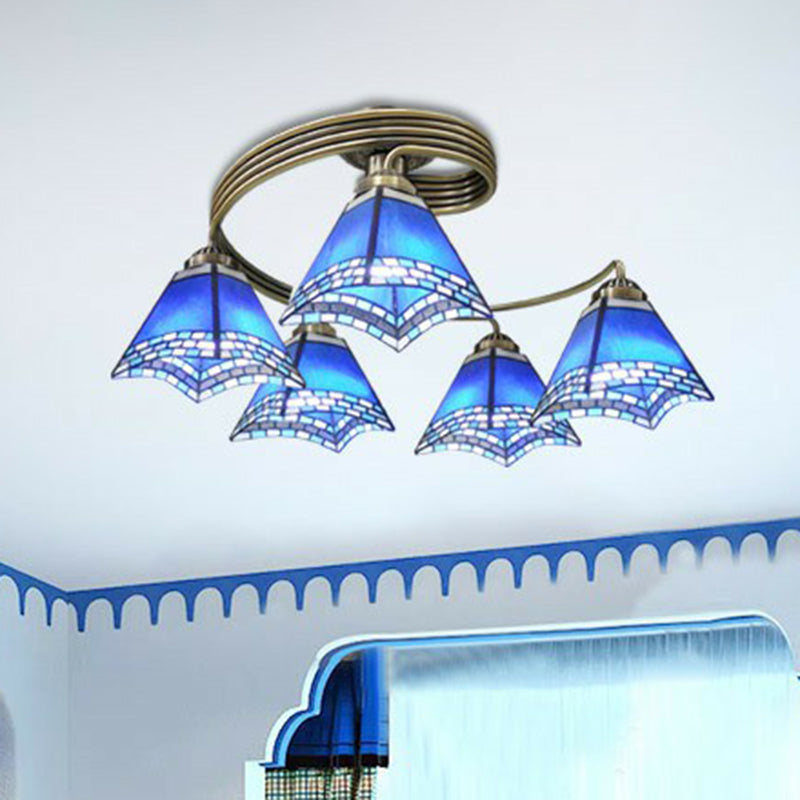 Mediterranean Spiral Ceiling Light Metal Semi Flush Mount Light with Stained Glass Shade Clearhalo 'Ceiling Lights' 'Close To Ceiling Lights' 'Close to ceiling' 'Glass shade' 'Glass' 'Pendant Lights' 'Semi-flushmount' 'Tiffany close to ceiling' 'Tiffany' Lighting' 2388848
