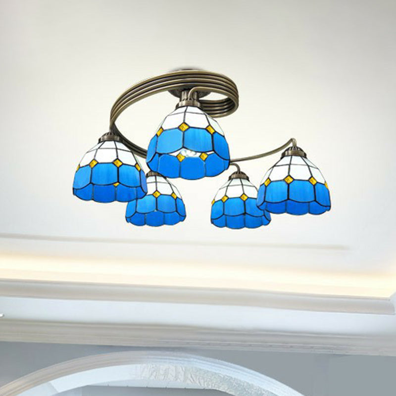Mediterranean Spiral Ceiling Light Metal Semi Flush Mount Light with Stained Glass Shade Clearhalo 'Ceiling Lights' 'Close To Ceiling Lights' 'Close to ceiling' 'Glass shade' 'Glass' 'Pendant Lights' 'Semi-flushmount' 'Tiffany close to ceiling' 'Tiffany' Lighting' 2388849