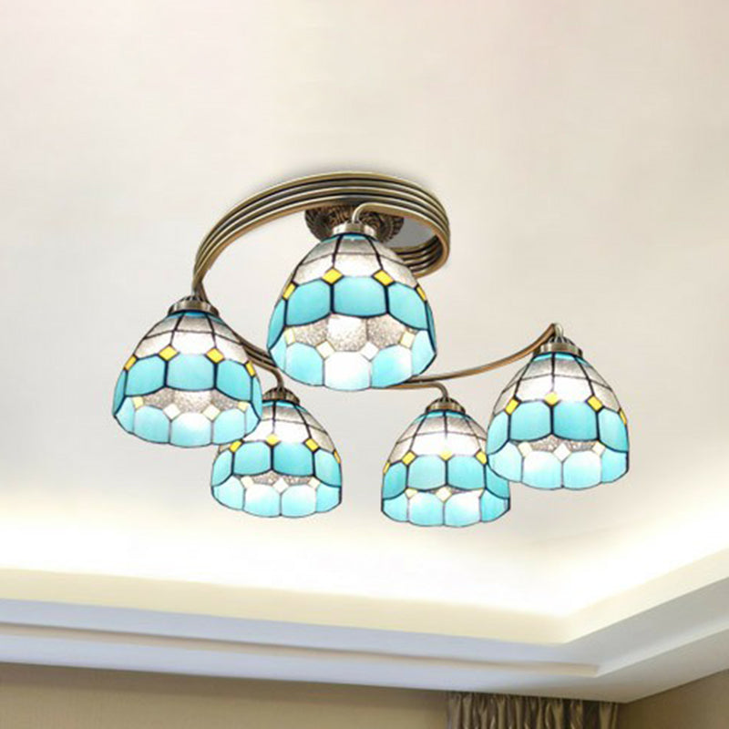 Mediterranean Spiral Ceiling Light Metal Semi Flush Mount Light with Stained Glass Shade Clearhalo 'Ceiling Lights' 'Close To Ceiling Lights' 'Close to ceiling' 'Glass shade' 'Glass' 'Pendant Lights' 'Semi-flushmount' 'Tiffany close to ceiling' 'Tiffany' Lighting' 2388850