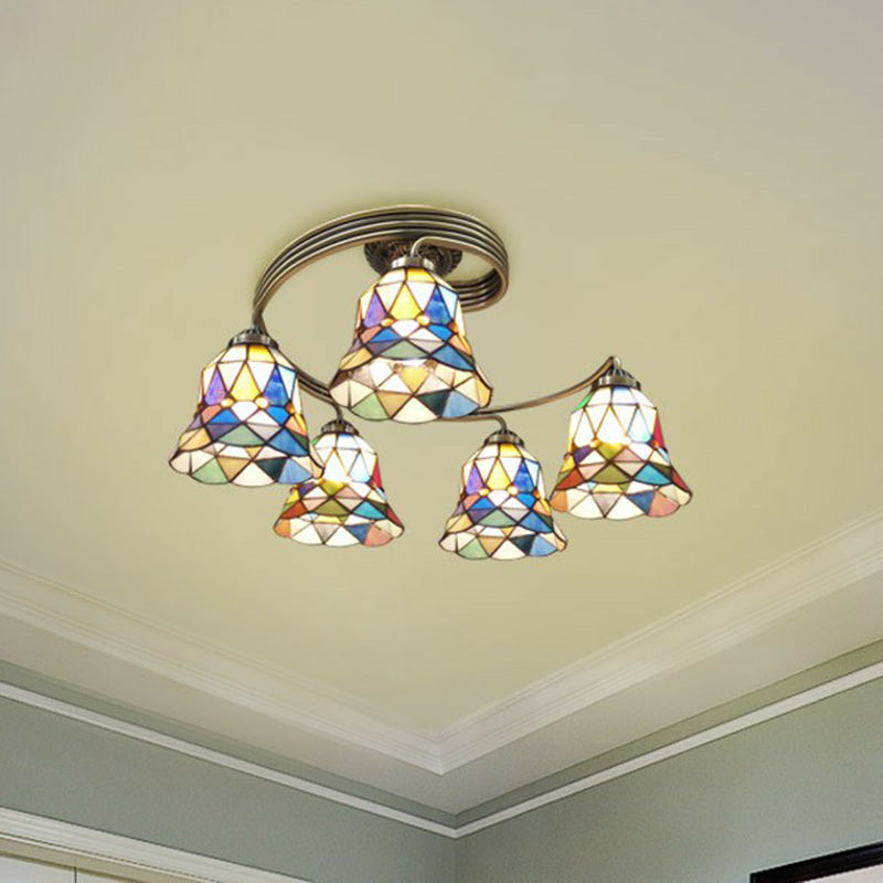 Mediterranean Spiral Ceiling Light Metal Semi Flush Mount Light with Stained Glass Shade Clearhalo 'Ceiling Lights' 'Close To Ceiling Lights' 'Close to ceiling' 'Glass shade' 'Glass' 'Pendant Lights' 'Semi-flushmount' 'Tiffany close to ceiling' 'Tiffany' Lighting' 2388851