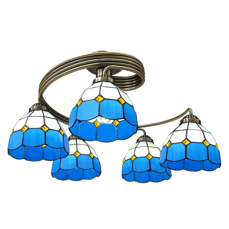 Mediterranean Spiral Ceiling Light Metal Semi Flush Mount Light with Stained Glass Shade Clearhalo 'Ceiling Lights' 'Close To Ceiling Lights' 'Close to ceiling' 'Glass shade' 'Glass' 'Pendant Lights' 'Semi-flushmount' 'Tiffany close to ceiling' 'Tiffany' Lighting' 2388852