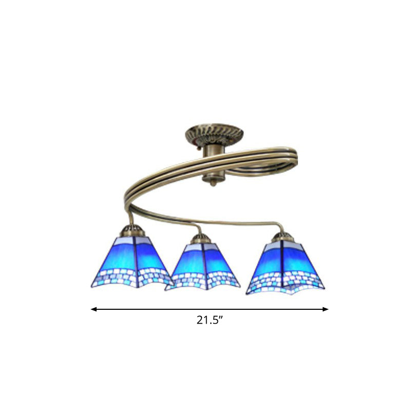 Mediterranean Spiral Ceiling Light Metal Semi Flush Mount Light with Stained Glass Shade 3 Blue Clearhalo 'Ceiling Lights' 'Close To Ceiling Lights' 'Close to ceiling' 'Glass shade' 'Glass' 'Pendant Lights' 'Semi-flushmount' 'Tiffany close to ceiling' 'Tiffany' Lighting' 2388853