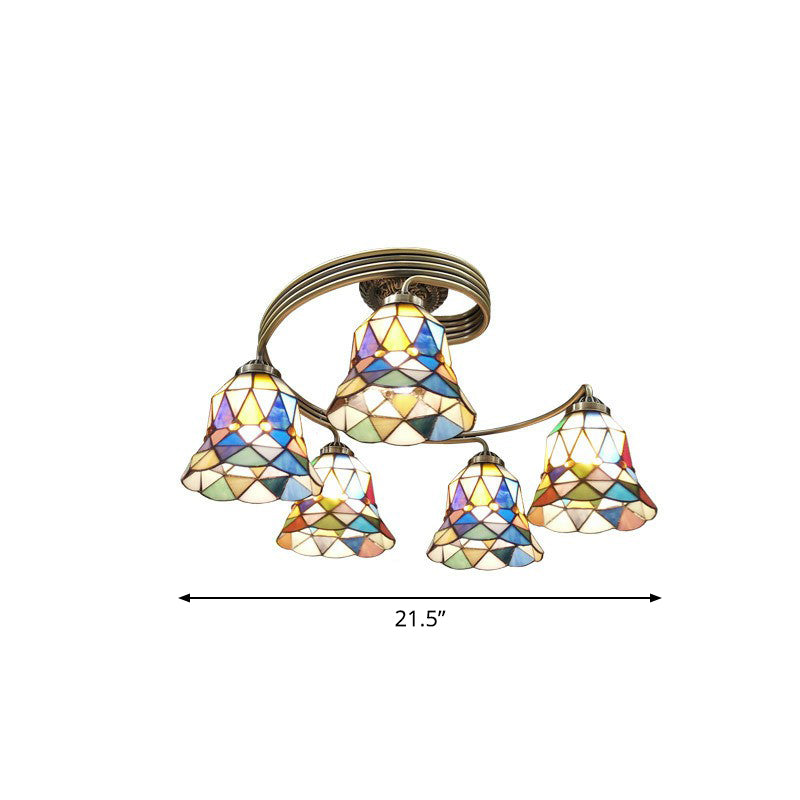 Mediterranean Spiral Ceiling Light Metal Semi Flush Mount Light with Stained Glass Shade 5 Green-White Clearhalo 'Ceiling Lights' 'Close To Ceiling Lights' 'Close to ceiling' 'Glass shade' 'Glass' 'Pendant Lights' 'Semi-flushmount' 'Tiffany close to ceiling' 'Tiffany' Lighting' 2388855