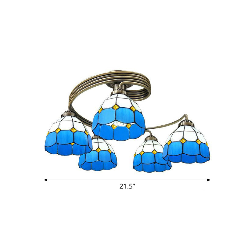 Mediterranean Spiral Ceiling Light Metal Semi Flush Mount Light with Stained Glass Shade 5 Blue-White Clearhalo 'Ceiling Lights' 'Close To Ceiling Lights' 'Close to ceiling' 'Glass shade' 'Glass' 'Pendant Lights' 'Semi-flushmount' 'Tiffany close to ceiling' 'Tiffany' Lighting' 2388856