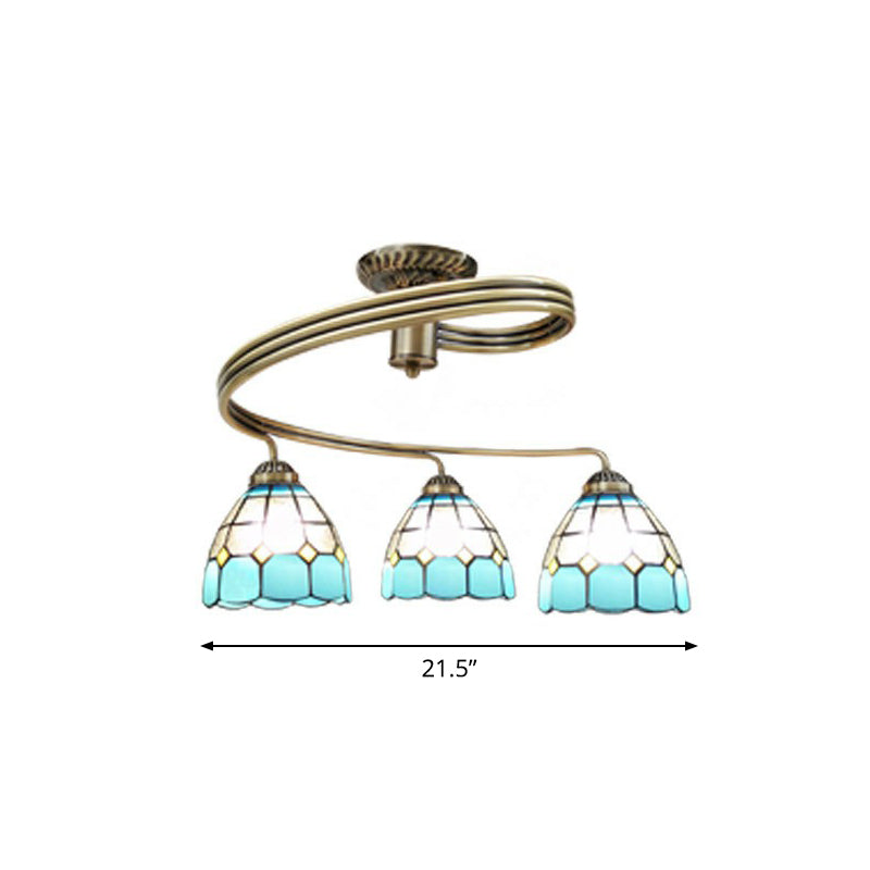 Mediterranean Spiral Ceiling Light Metal Semi Flush Mount Light with Stained Glass Shade 3 Sky Blue-White Clearhalo 'Ceiling Lights' 'Close To Ceiling Lights' 'Close to ceiling' 'Glass shade' 'Glass' 'Pendant Lights' 'Semi-flushmount' 'Tiffany close to ceiling' 'Tiffany' Lighting' 2388857