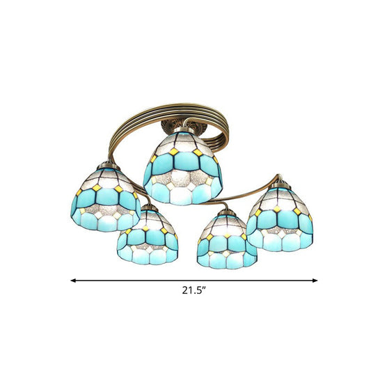 Mediterranean Spiral Ceiling Light Metal Semi Flush Mount Light with Stained Glass Shade 5 Sky Blue-White Clearhalo 'Ceiling Lights' 'Close To Ceiling Lights' 'Close to ceiling' 'Glass shade' 'Glass' 'Pendant Lights' 'Semi-flushmount' 'Tiffany close to ceiling' 'Tiffany' Lighting' 2388859