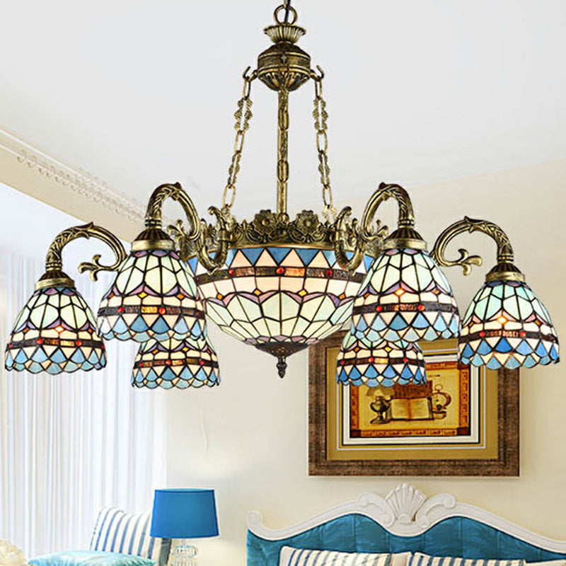 Bronze Finish Chandelier Classic Handcrafted Stained Glass Bell Ceiling Light for Dining Room Clearhalo 'Ceiling Lights' 'Chandeliers' 'Industrial' 'Middle Century Chandeliers' 'Pendant Lights' 'Tiffany Chandeliers' 'Tiffany close to ceiling' 'Tiffany' Lighting' 2388864