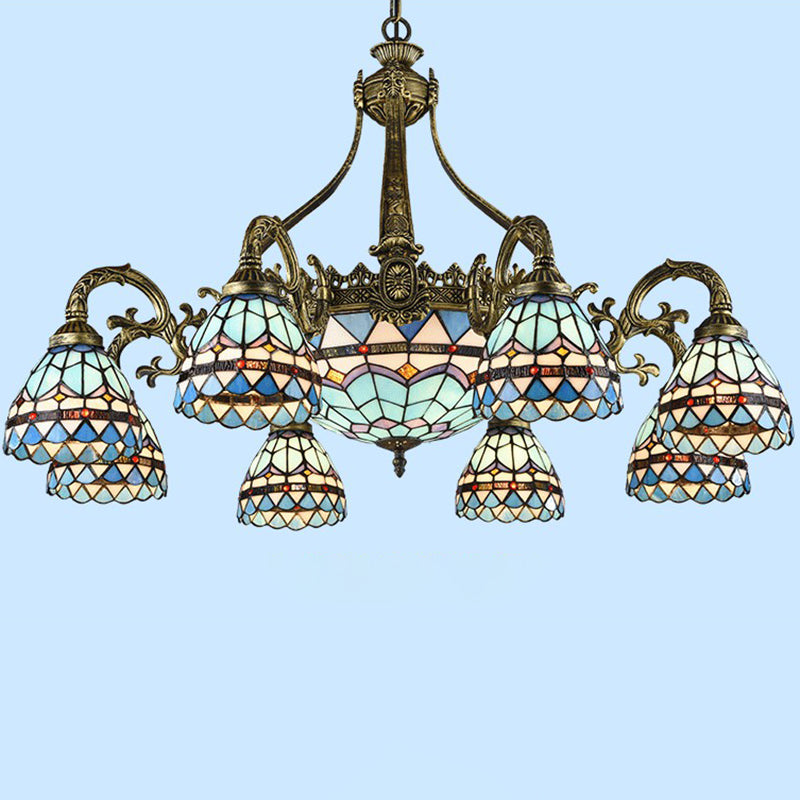 Bronze Finish Chandelier Classic Handcrafted Stained Glass Bell Ceiling Light for Dining Room 12 Bronze Down Clearhalo 'Ceiling Lights' 'Chandeliers' 'Industrial' 'Middle Century Chandeliers' 'Pendant Lights' 'Tiffany Chandeliers' 'Tiffany close to ceiling' 'Tiffany' Lighting' 2388866