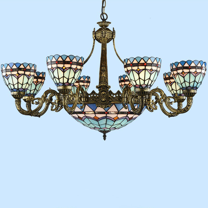 Bronze Finish Chandelier Classic Handcrafted Stained Glass Bell Ceiling Light for Dining Room 12 Bronze Up Clearhalo 'Ceiling Lights' 'Chandeliers' 'Industrial' 'Middle Century Chandeliers' 'Pendant Lights' 'Tiffany Chandeliers' 'Tiffany close to ceiling' 'Tiffany' Lighting' 2388868