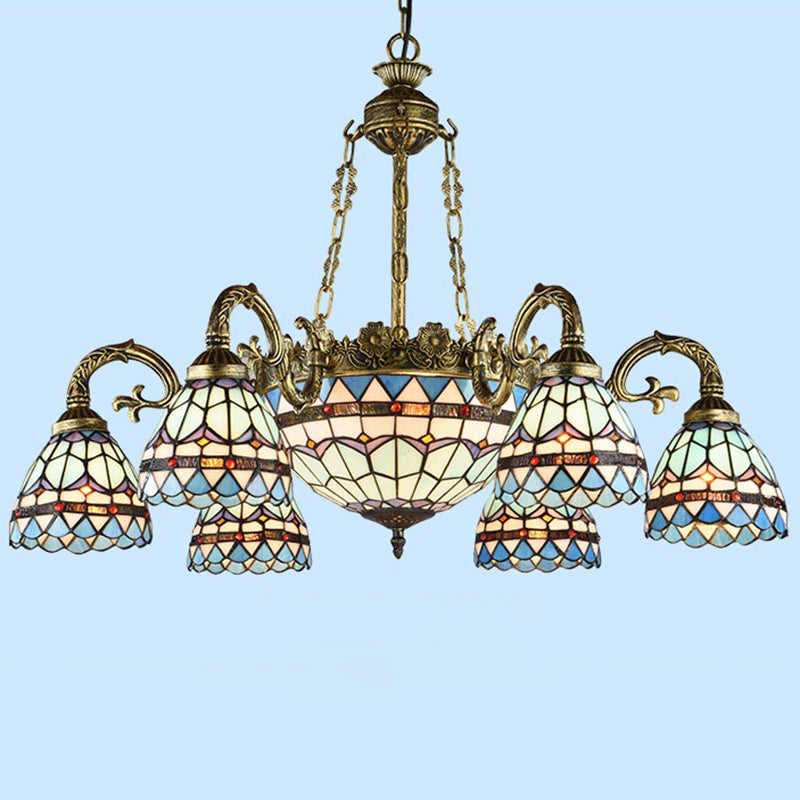 Bronze Finish Chandelier Classic Handcrafted Stained Glass Bell Ceiling Light for Dining Room 9 Bronze Down Clearhalo 'Ceiling Lights' 'Chandeliers' 'Industrial' 'Middle Century Chandeliers' 'Pendant Lights' 'Tiffany Chandeliers' 'Tiffany close to ceiling' 'Tiffany' Lighting' 2388870