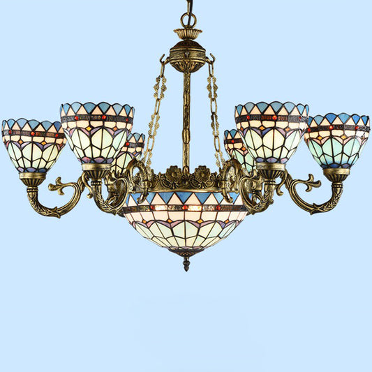 Bronze Finish Chandelier Classic Handcrafted Stained Glass Bell Ceiling Light for Dining Room 9 Bronze Up Clearhalo 'Ceiling Lights' 'Chandeliers' 'Industrial' 'Middle Century Chandeliers' 'Pendant Lights' 'Tiffany Chandeliers' 'Tiffany close to ceiling' 'Tiffany' Lighting' 2388871