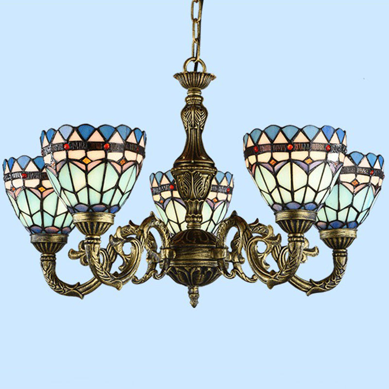 Bronze Finish Chandelier Classic Handcrafted Stained Glass Bell Ceiling Light for Dining Room 5 Bronze Up Clearhalo 'Ceiling Lights' 'Chandeliers' 'Industrial' 'Middle Century Chandeliers' 'Pendant Lights' 'Tiffany Chandeliers' 'Tiffany close to ceiling' 'Tiffany' Lighting' 2388872