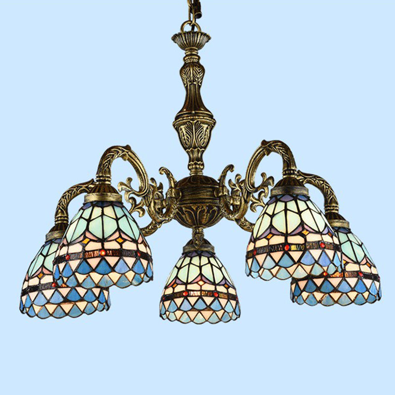 Bronze Finish Chandelier Classic Handcrafted Stained Glass Bell Ceiling Light for Dining Room 5 Bronze Down Clearhalo 'Ceiling Lights' 'Chandeliers' 'Industrial' 'Middle Century Chandeliers' 'Pendant Lights' 'Tiffany Chandeliers' 'Tiffany close to ceiling' 'Tiffany' Lighting' 2388873
