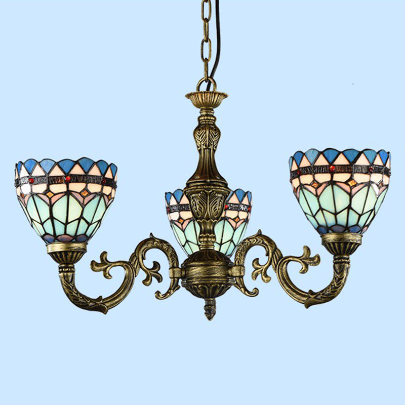 Bronze Finish Chandelier Classic Handcrafted Stained Glass Bell Ceiling Light for Dining Room 3 Bronze Up Clearhalo 'Ceiling Lights' 'Chandeliers' 'Industrial' 'Middle Century Chandeliers' 'Pendant Lights' 'Tiffany Chandeliers' 'Tiffany close to ceiling' 'Tiffany' Lighting' 2388874