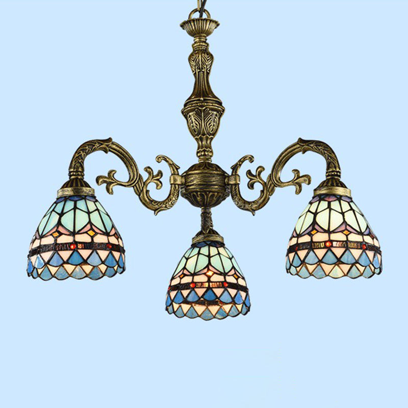 Bronze Finish Chandelier Classic Handcrafted Stained Glass Bell Ceiling Light for Dining Room 3 Bronze Down Clearhalo 'Ceiling Lights' 'Chandeliers' 'Industrial' 'Middle Century Chandeliers' 'Pendant Lights' 'Tiffany Chandeliers' 'Tiffany close to ceiling' 'Tiffany' Lighting' 2388875