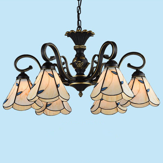 6 Heads Conical Hanging Lamp Mediterranean Hand Cut Glass Chandelier with Scalloped Edge Beige Clearhalo 'Ceiling Lights' 'Chandeliers' 'Industrial' 'Middle Century Chandeliers' 'Tiffany Chandeliers' 'Tiffany close to ceiling' 'Tiffany' Lighting' 2388877
