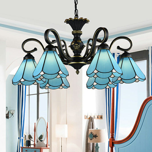 6 Heads Conical Hanging Lamp Mediterranean Hand Cut Glass Chandelier with Scalloped Edge Clearhalo 'Ceiling Lights' 'Chandeliers' 'Industrial' 'Middle Century Chandeliers' 'Tiffany Chandeliers' 'Tiffany close to ceiling' 'Tiffany' Lighting' 2388878