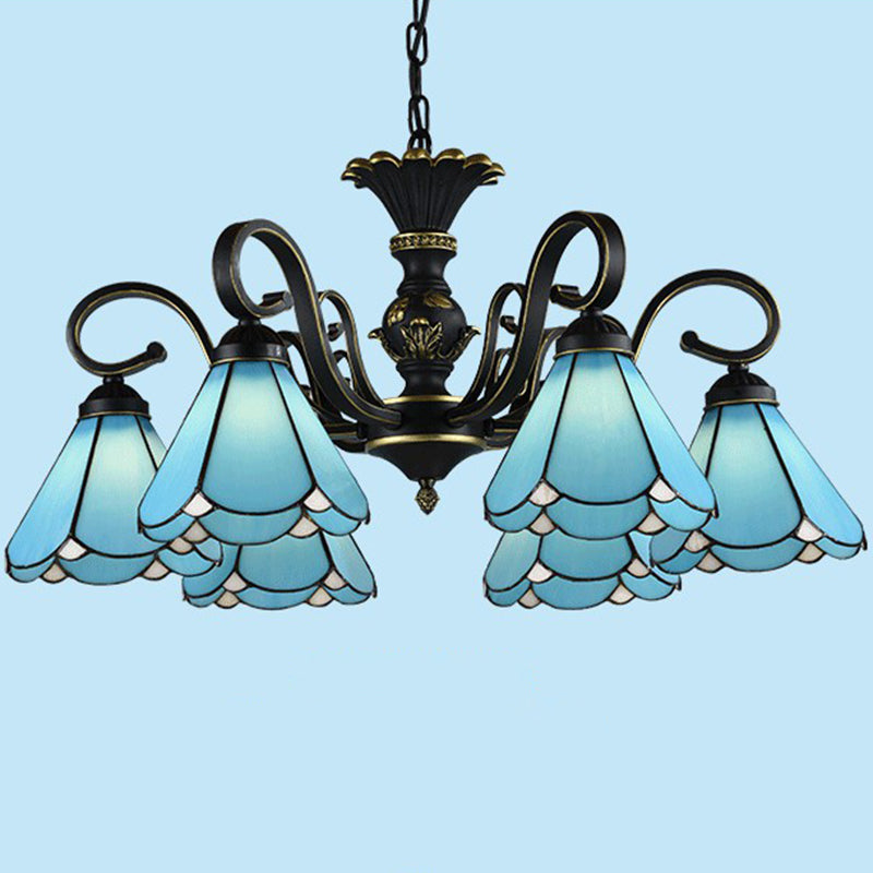 6 Heads Conical Hanging Lamp Mediterranean Hand Cut Glass Chandelier with Scalloped Edge Blue Clearhalo 'Ceiling Lights' 'Chandeliers' 'Industrial' 'Middle Century Chandeliers' 'Tiffany Chandeliers' 'Tiffany close to ceiling' 'Tiffany' Lighting' 2388880