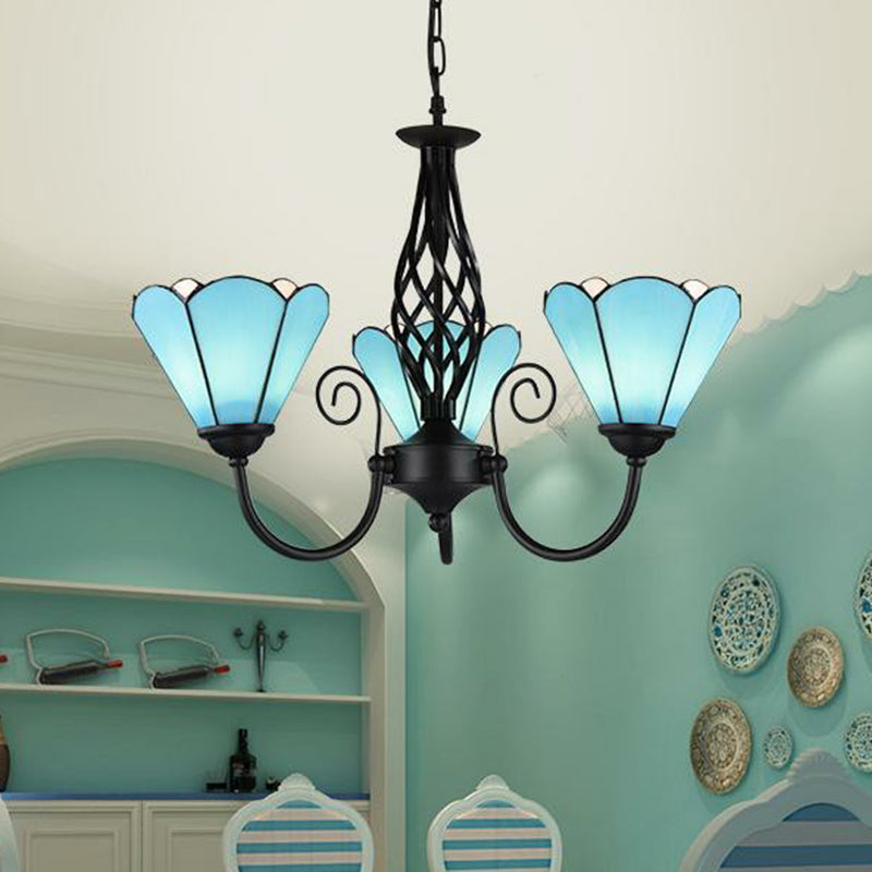 Blue Glass Floral Chandelier Light Mediterranean Black Ceiling Suspension Lamp for Living Room Clearhalo 'Ceiling Lights' 'Chandeliers' 'Industrial' 'Middle Century Chandeliers' 'Tiffany Chandeliers' 'Tiffany close to ceiling' 'Tiffany' Lighting' 2388882