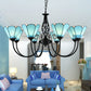 Blue Glass Floral Chandelier Light Mediterranean Black Ceiling Suspension Lamp for Living Room Clearhalo 'Ceiling Lights' 'Chandeliers' 'Industrial' 'Middle Century Chandeliers' 'Tiffany Chandeliers' 'Tiffany close to ceiling' 'Tiffany' Lighting' 2388883