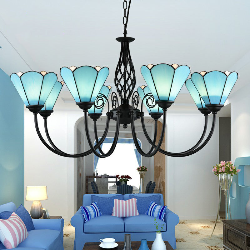 Blue Glass Floral Chandelier Light Mediterranean Black Ceiling Suspension Lamp for Living Room Clearhalo 'Ceiling Lights' 'Chandeliers' 'Industrial' 'Middle Century Chandeliers' 'Tiffany Chandeliers' 'Tiffany close to ceiling' 'Tiffany' Lighting' 2388883