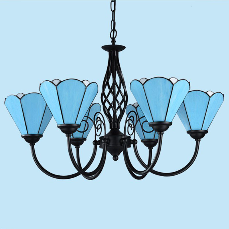 Blue Glass Floral Chandelier Light Mediterranean Black Ceiling Suspension Lamp for Living Room 6 Blue Up Clearhalo 'Ceiling Lights' 'Chandeliers' 'Industrial' 'Middle Century Chandeliers' 'Tiffany Chandeliers' 'Tiffany close to ceiling' 'Tiffany' Lighting' 2388884