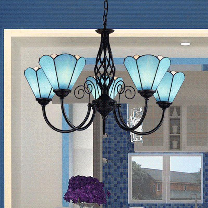Blue Glass Floral Chandelier Light Mediterranean Black Ceiling Suspension Lamp for Living Room Clearhalo 'Ceiling Lights' 'Chandeliers' 'Industrial' 'Middle Century Chandeliers' 'Tiffany Chandeliers' 'Tiffany close to ceiling' 'Tiffany' Lighting' 2388885