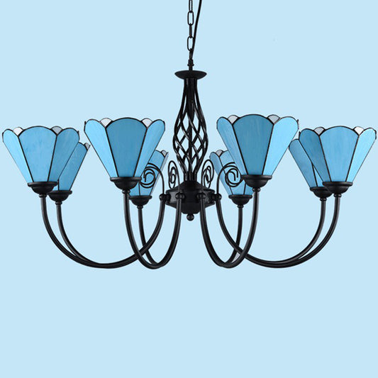 Blue Glass Floral Chandelier Light Mediterranean Black Ceiling Suspension Lamp for Living Room 8 Blue Up Clearhalo 'Ceiling Lights' 'Chandeliers' 'Industrial' 'Middle Century Chandeliers' 'Tiffany Chandeliers' 'Tiffany close to ceiling' 'Tiffany' Lighting' 2388886