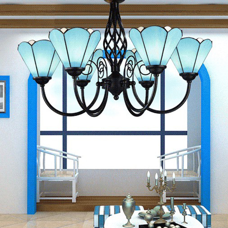 Blue Glass Floral Chandelier Light Mediterranean Black Ceiling Suspension Lamp for Living Room Clearhalo 'Ceiling Lights' 'Chandeliers' 'Industrial' 'Middle Century Chandeliers' 'Tiffany Chandeliers' 'Tiffany close to ceiling' 'Tiffany' Lighting' 2388887