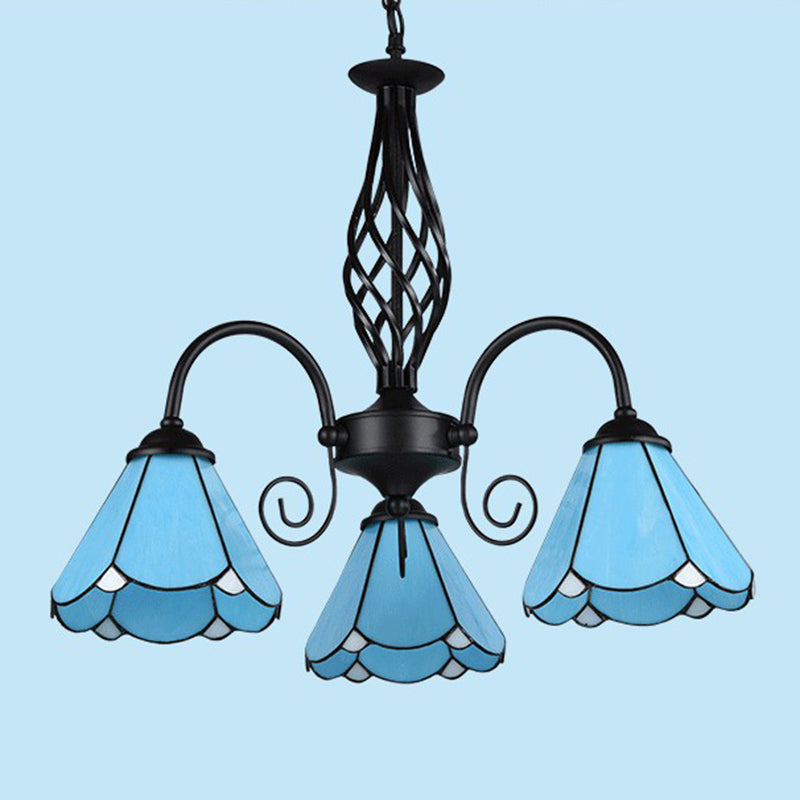 Blue Glass Floral Chandelier Light Mediterranean Black Ceiling Suspension Lamp for Living Room 3 Blue Down Clearhalo 'Ceiling Lights' 'Chandeliers' 'Industrial' 'Middle Century Chandeliers' 'Tiffany Chandeliers' 'Tiffany close to ceiling' 'Tiffany' Lighting' 2388888
