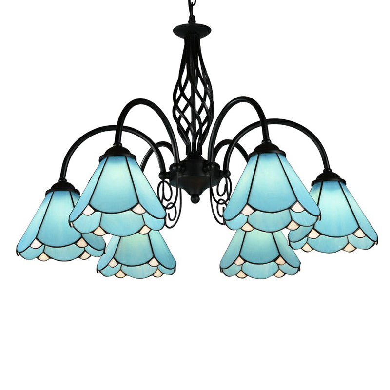Blue Glass Floral Chandelier Light Mediterranean Black Ceiling Suspension Lamp for Living Room Clearhalo 'Ceiling Lights' 'Chandeliers' 'Industrial' 'Middle Century Chandeliers' 'Tiffany Chandeliers' 'Tiffany close to ceiling' 'Tiffany' Lighting' 2388889