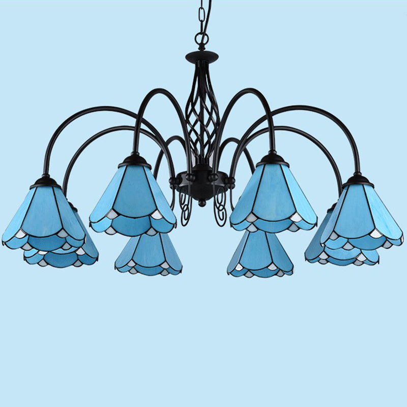 Blue Glass Floral Chandelier Light Mediterranean Black Ceiling Suspension Lamp for Living Room 8 Blue Down Clearhalo 'Ceiling Lights' 'Chandeliers' 'Industrial' 'Middle Century Chandeliers' 'Tiffany Chandeliers' 'Tiffany close to ceiling' 'Tiffany' Lighting' 2388890