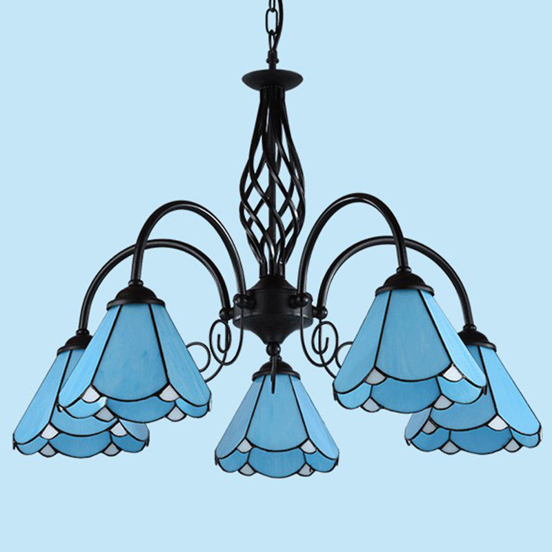 Blue Glass Floral Chandelier Light Mediterranean Black Ceiling Suspension Lamp for Living Room 5 Blue Down Clearhalo 'Ceiling Lights' 'Chandeliers' 'Industrial' 'Middle Century Chandeliers' 'Tiffany Chandeliers' 'Tiffany close to ceiling' 'Tiffany' Lighting' 2388892