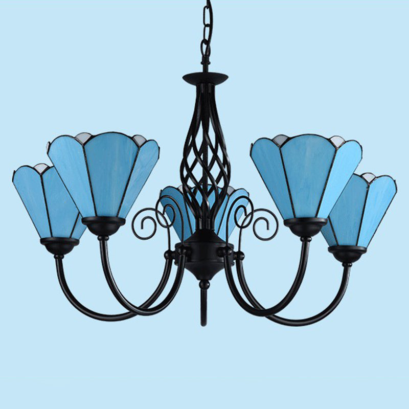 Blue Glass Floral Chandelier Light Mediterranean Black Ceiling Suspension Lamp for Living Room 5 Blue Up Clearhalo 'Ceiling Lights' 'Chandeliers' 'Industrial' 'Middle Century Chandeliers' 'Tiffany Chandeliers' 'Tiffany close to ceiling' 'Tiffany' Lighting' 2388893