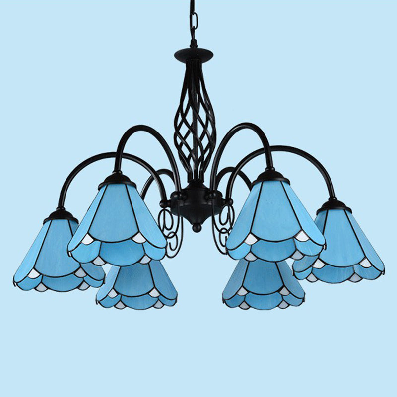 Blue Glass Floral Chandelier Light Mediterranean Black Ceiling Suspension Lamp for Living Room 6 Blue Down Clearhalo 'Ceiling Lights' 'Chandeliers' 'Industrial' 'Middle Century Chandeliers' 'Tiffany Chandeliers' 'Tiffany close to ceiling' 'Tiffany' Lighting' 2388894